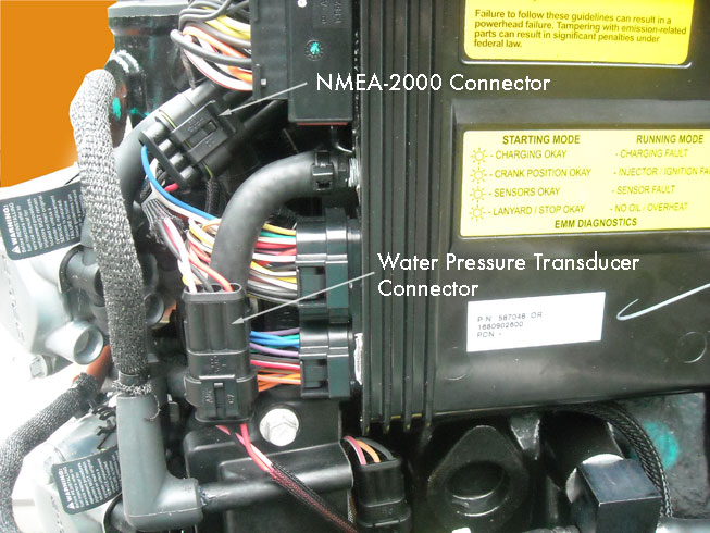 Photo: location of NMEA-2000 connector and water pressure sender connector on 3.3-liter V6 E-TEC
