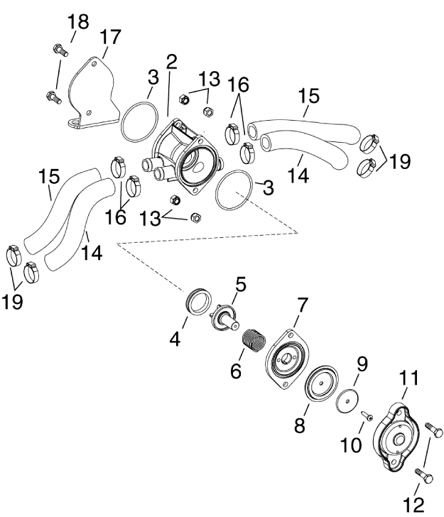 Drawing showing parts breakdown of water pressure relief valve assembly on V6 E-TEC 225-HP outboard engine.