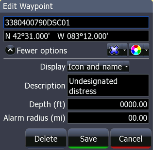 Photo: Screen capture of chart plotter waypoint detail