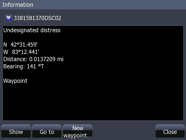 Screen capture: Information Screen from chart plotter with details of distress call
