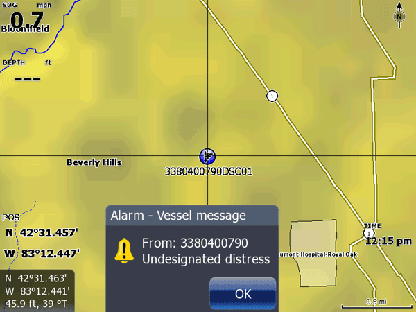 Screen Capture showing visual alarm alert on screen of chart plotter with notation of Undesignated Distress.