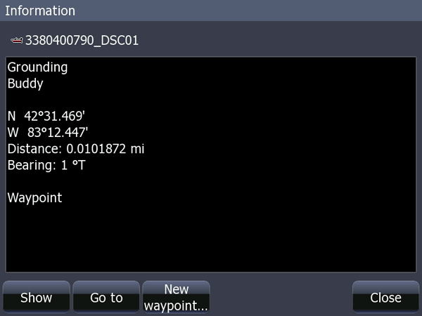 Screen capture showing details of waypoint with description Grounding Buddy.