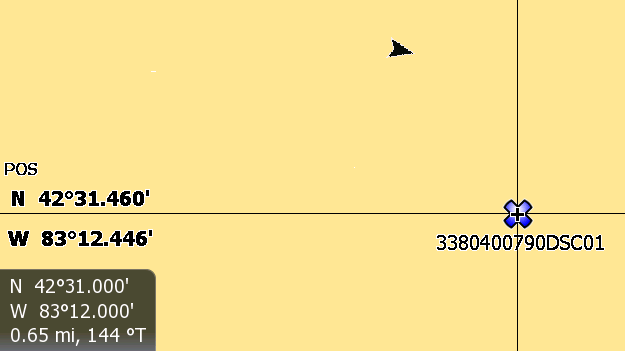 Screen capture: Chart plotter display after receiving distress call informtion via NMEA-0183 from an attched DSC radio.