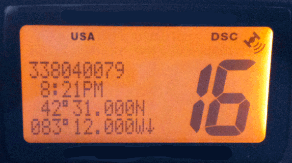 Photo: Display on Class-D DSC radio after receiving distress call via DSC.
