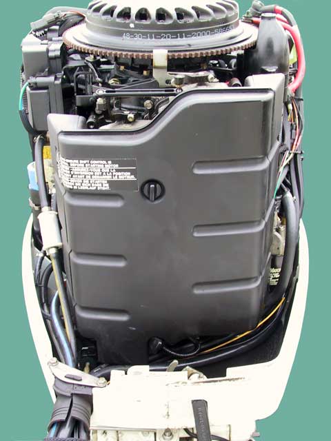 [Photo: Front view Evinrude 225-HP FICHT Outboard]