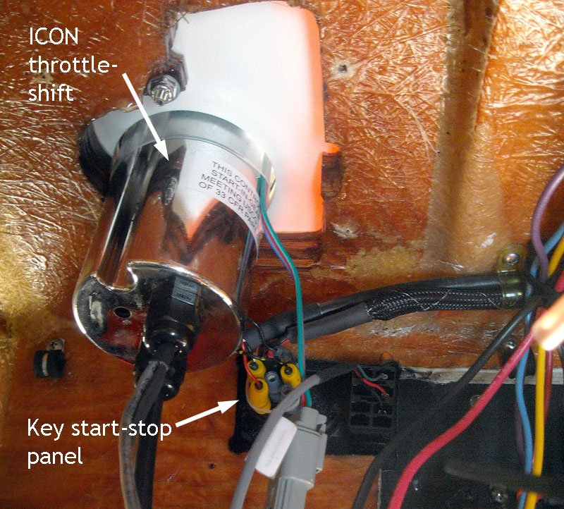 Photo: View from rear of dashboard showing new throtle and shift control and new ignition key start-stop panel.