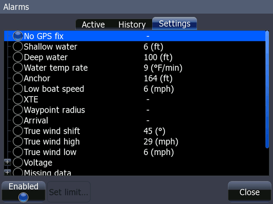 HDS Alarms (settings) window