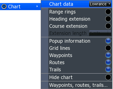 Screen shot of Lowrance HDS menu showing Chart menu and submenus.