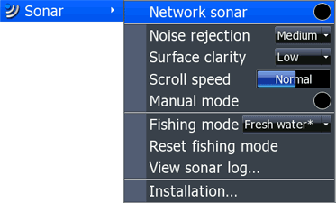 Screen shot of Lowrance HDS menu showing Sonar menu and submenus.