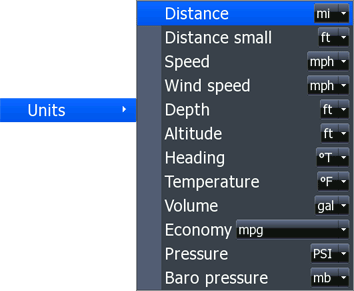 HDS Units menu screen