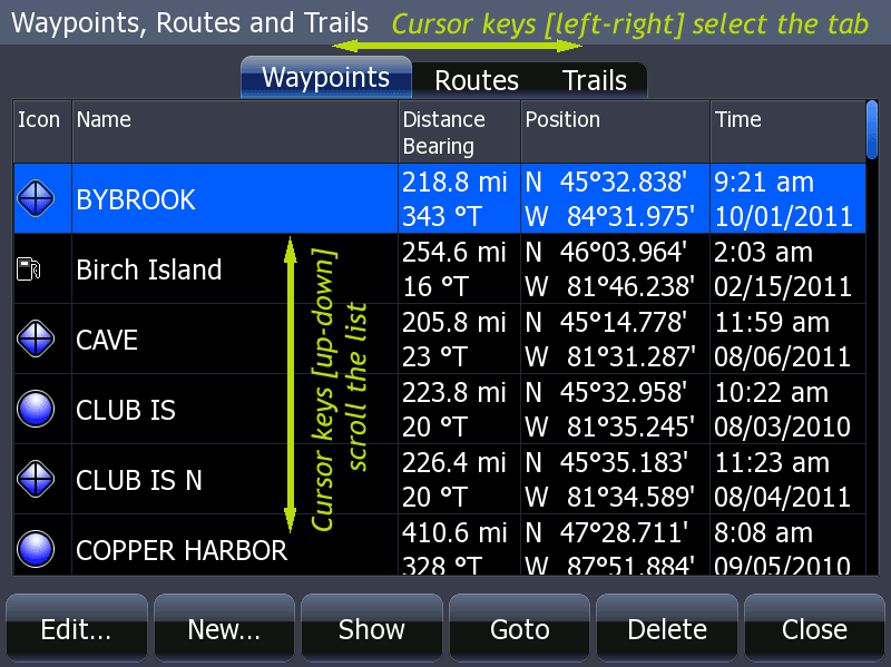 HDS Waypoints, routes, trails screen with annotations