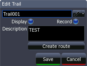 HDS Waypoints, routes, trails screen; Routes tab selected.