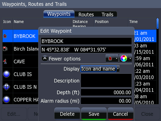 HDS Waypoints, routes, trails screen; Waypoints tab selected; Edit Waypoint menu.