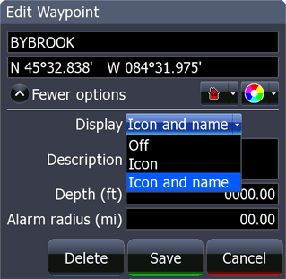 HDS Waypoints, routes, trails screen; Waypoints tab selected; Edit Waypoint menu; Display pop-up menu.