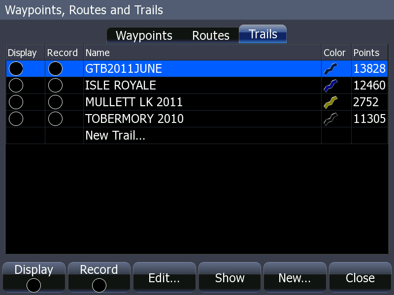 HDS Waypoints, routes, trails screen; Trails tab selected.