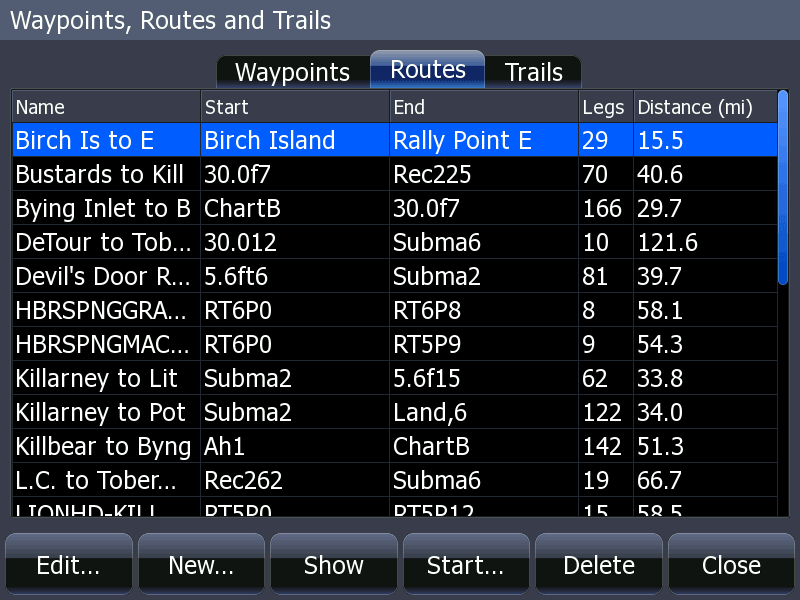 HDS Waypoints, routes, trails screen; Routes tab selected.