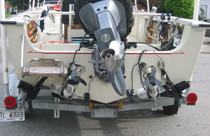 Photo: Trim tab installation showing electric trolling motors on tabs.